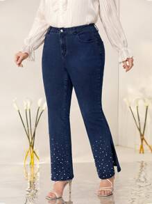 Mulvari Plus Pearls Beaded Split Hem Flare Leg Jeans - Dark Wash - View 1