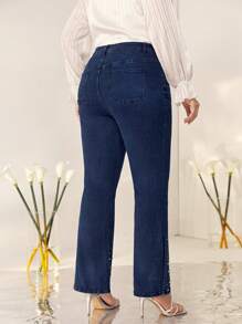 Mulvari Plus Pearls Beaded Split Hem Flare Leg Jeans - Dark Wash - View 2