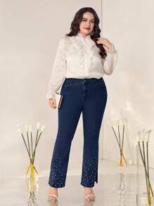 Mulvari Plus Pearls Beaded Split Hem Flare Leg Jeans - Dark Wash - View 3