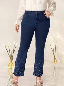 Mulvari Plus Pearls Beaded Split Hem Flare Leg Jeans - Dark Wash - View 5