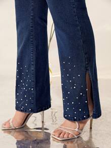 Mulvari Plus Pearls Beaded Split Hem Flare Leg Jeans - Dark Wash - View 6