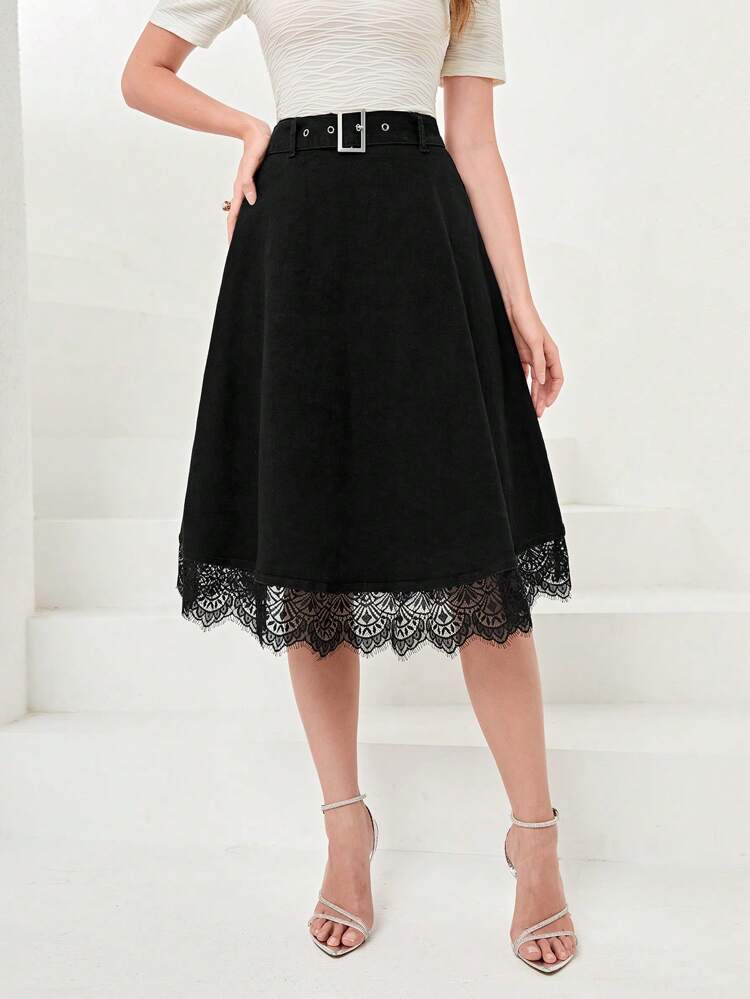 Contrast Lace Hem Denim Skirt