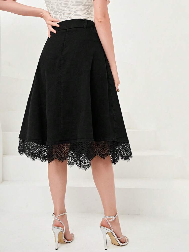 Contrast Lace Hem Denim Skirt