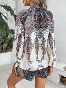 SHEIN LUNE 佩斯利印花插肩袖襯衫和短褲 - 彩色 - 查看 3