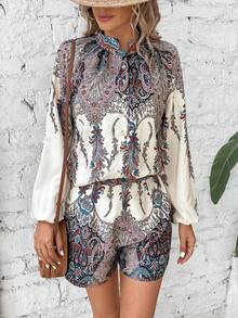 SHEIN LUNE 佩斯利印花插肩袖襯衫和短褲 - 彩色 - 查看 5