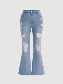 SHEIN MOD Plus Ripped Flare Leg Jeans - Light Wash - View 1