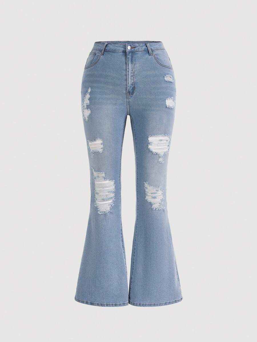 SHEIN MOD Plus Ripped Flare Leg Jeans - Light Wash - View 1