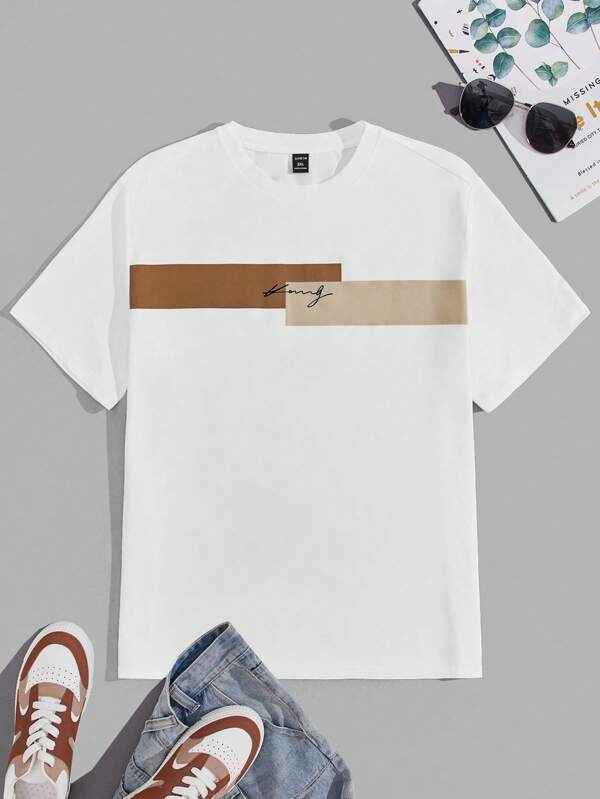 EASEVO Men Plus Size Business Casual Nice Letter Graphic Colorblock Short Sleeve Tee, For Going Out, Summer