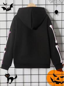 SHEIN Tween Girl Skeleton Print Drop Shoulder Hoodie - Black - View 2