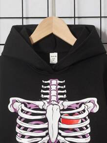 SHEIN Tween Girl Skeleton Print Drop Shoulder Hoodie - Black - View 4