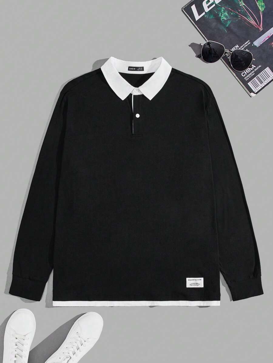 EASEVO Men Plus Letter Patched Detail 2 In 1 Polo Shirt - Black - View 1