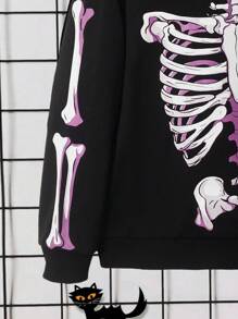 SHEIN Tween Girl Skeleton Print Drop Shoulder Hoodie - Black - View 6