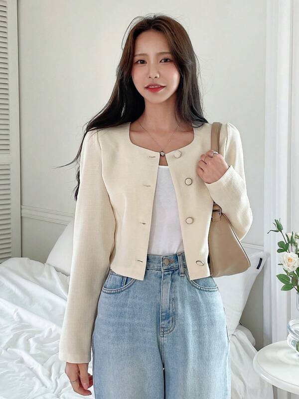 DAZY Solid Button Front Crop Blouse,Long Sleeve Tops
