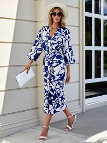 SHEIN Clasi Allover Print V Neck Dress - Multicolor - View 3