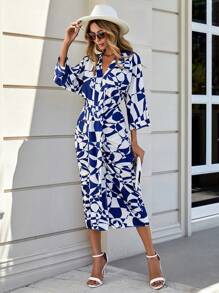 SHEIN Clasi Allover Print V Neck Dress - Multicolor - View 6