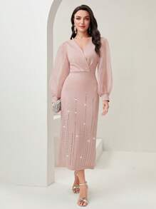 Modelyn Lantern Sleeve Rhinestone Detail Mesh Sleeve Dress Long Evening Dresses - Pink - View 5