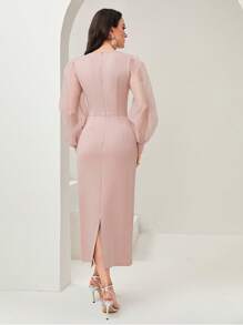 Modelyn Lantern Sleeve Rhinestone Detail Mesh Sleeve Dress Long Evening Dresses - Pink - View 3