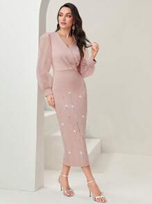 Modelyn Lantern Sleeve Rhinestone Detail Mesh Sleeve Dress Long Evening Dresses - Pink - View 6