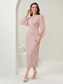Modelyn Lantern Sleeve Rhinestone Detail Mesh Sleeve Dress Long Evening Dresses - Pink - View 2