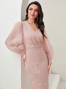 Modelyn Lantern Sleeve Rhinestone Detail Mesh Sleeve Dress Long Evening Dresses - Pink - View 4