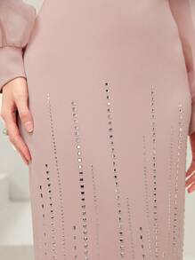 Modelyn Lantern Sleeve Rhinestone Detail Mesh Sleeve Dress Long Evening Dresses - Pink - View 7