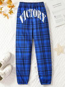 SHEIN Tween Boy Plaid & Letter Graphic Sweatpants - Blue - View 1