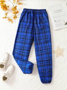 SHEIN Tween Boy Plaid & Letter Graphic Sweatpants - Blue - View 2