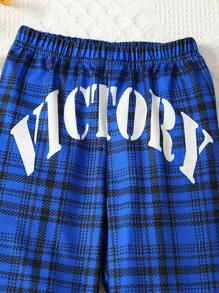SHEIN Tween Boy Plaid & Letter Graphic Sweatpants - Blue - View 4