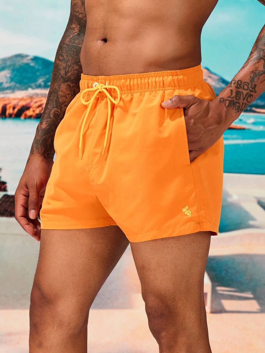 Manfinity Swimmode 男士腰部抽繩斜口袋泳褲 - 橘色 - 查看 1