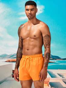 Manfinity Swimmode 男士腰部抽繩斜口袋泳褲 - 橘色 - 查看 3