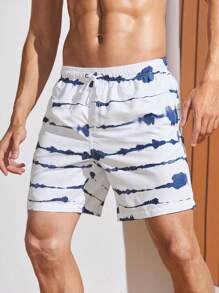 Manfinity KASUA 男士紮染腰部抽繩泳褲 - 藍白色 - 查看 1