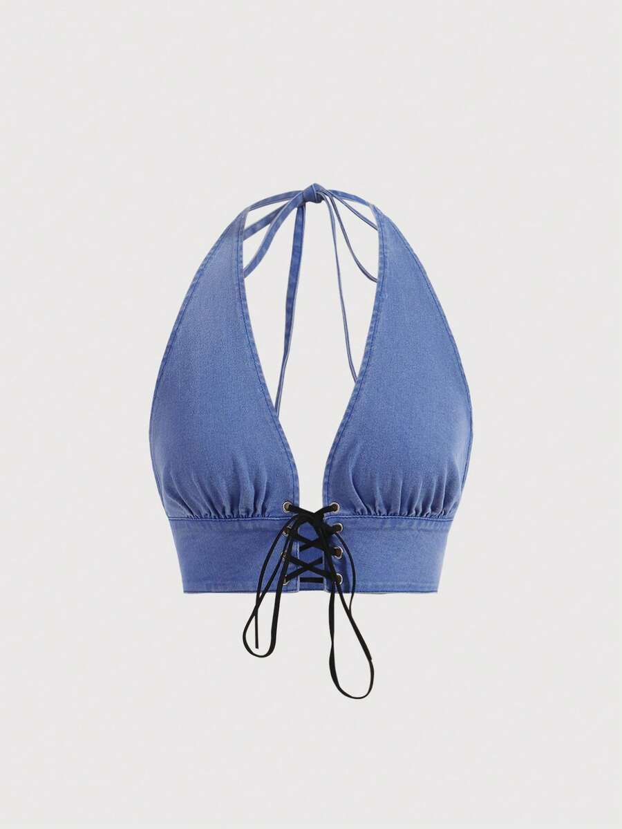 SHEIN ICON 前繫帶後背繫帶吊脖牛仔上衣 - 中等水洗藍 - 查看 1