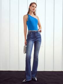 MOTF PREMIUM ONE SHOULDER CHAIN TOP - Blue - View 9