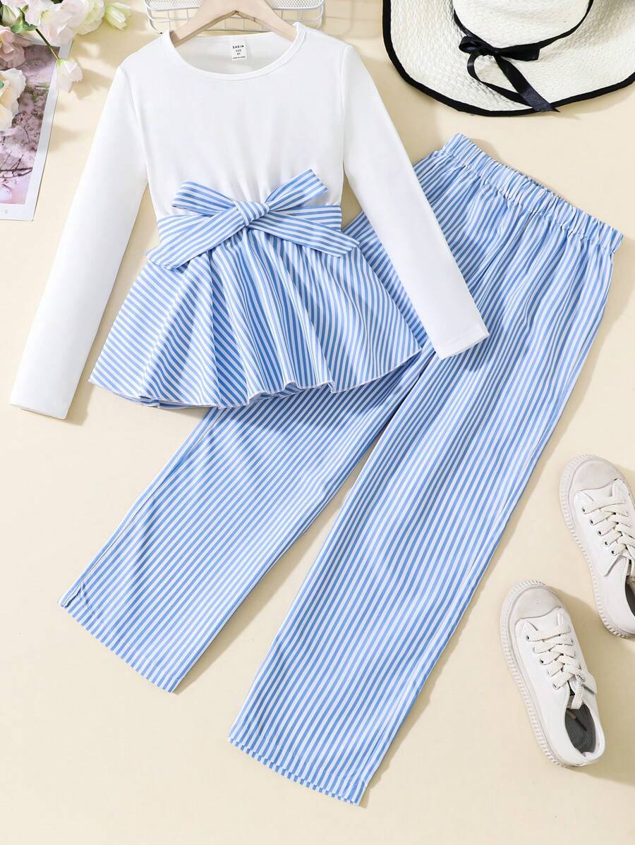 SHEIN Tween Girl Striped Print Belted Peplum Top & Trousers - Baby Blue - View 1