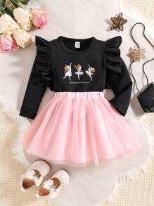 Baby Girl Figure & Letter Graphic Ruffle Trim Tee & Mesh Overlay Skirt - Black - View 1