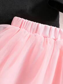 Baby Girl Figure & Letter Graphic Ruffle Trim Tee & Mesh Overlay Skirt - Black - View 6