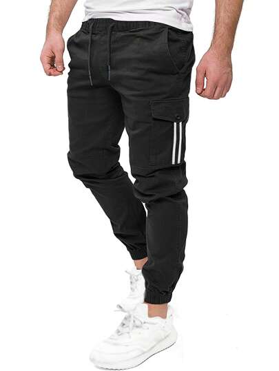 Manfinity Homme Loose Fit Men's Striped Tape Decorated Cargo Pants With Flap Pockets And Drawstring Waist Jogging Color Block Plain Black Going Out For Men's Joggers, For Fall