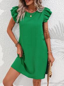 Breezaya Solid Butterfly Sleeve Tunic Dress Vacation Beach Outfits Women - Green - View 6