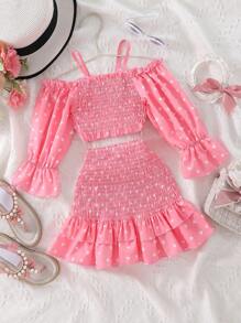 SHEIN Young Girl Heart Print Cold Shoulder Shirred Top & Layered Hem Skirt - Pink - View 1