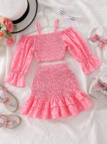 SHEIN Young Girl Heart Print Cold Shoulder Shirred Top & Layered Hem Skirt - Pink - View 2