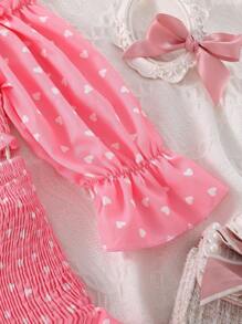 SHEIN Young Girl Heart Print Cold Shoulder Shirred Top & Layered Hem Skirt - Pink - View 3