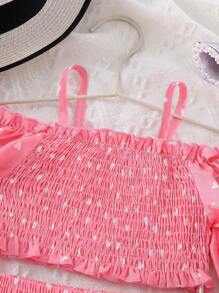 SHEIN Young Girl Heart Print Cold Shoulder Shirred Top & Layered Hem Skirt - Pink - View 4