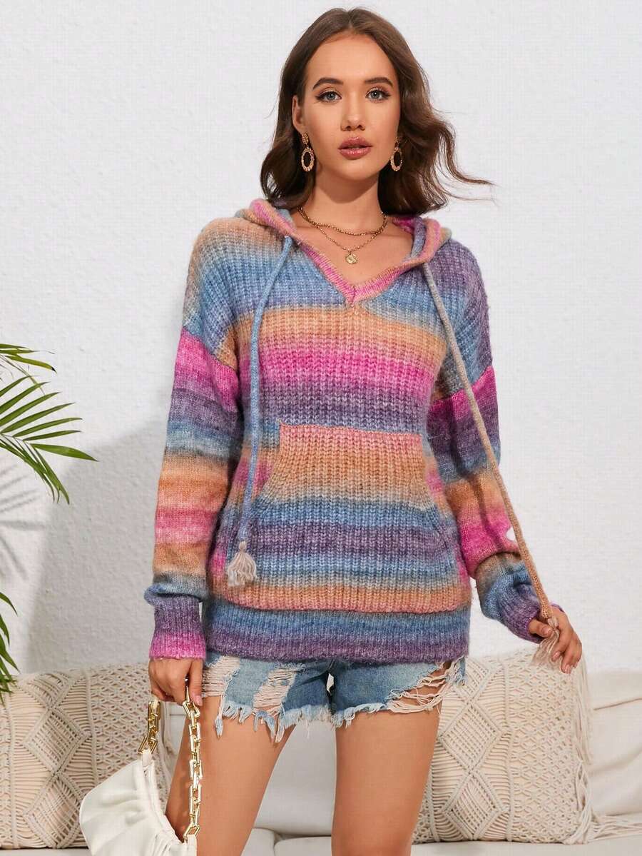 Acelitt Striped Kangaroo Pocket Drop Shoulder Drawstring Hooded Jumper - Multicolor - View 1