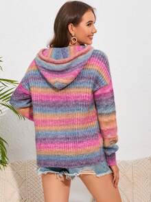 Acelitt Striped Kangaroo Pocket Drop Shoulder Drawstring Hooded Jumper - Multicolor - View 2