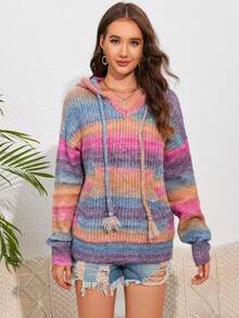 Acelitt Striped Kangaroo Pocket Drop Shoulder Drawstring Hooded Jumper - Multicolor - View 3