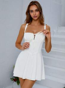 PARTHEA Vestido de tirantes con cordón delantero pecho con fruncido - Blanco - Ver 3