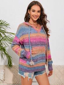 Acelitt Striped Kangaroo Pocket Drop Shoulder Drawstring Hooded Jumper - Multicolor - View 5