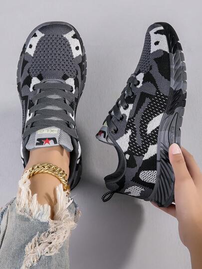 Women Lace Up Camo Pattern Running Shoes, Sporty Outdoor Fabric Sneakers