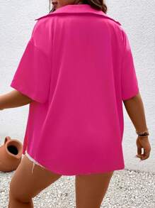 SHEIN LUNE Hơn Chất rắn Thả vai Áo sơ mi - Màu Hồng Tươi - Xem 2
