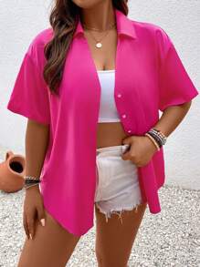 SHEIN LUNE Hơn Chất rắn Thả vai Áo sơ mi - Màu Hồng Tươi - Xem 4